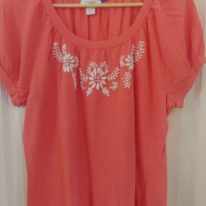 Coral sweater with embroidery under neckline 14/16
